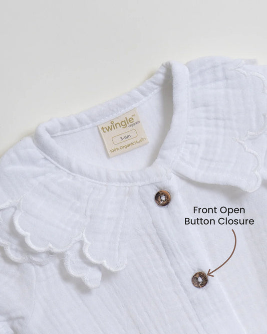 Twingle 100% Organic Muslin Shirt & Shorts Set-Lightweight & Breathable Fabric-Puff Sleeves-Soft Elasticated Waistband-Short Sleeves-Solid-White-For Infants
