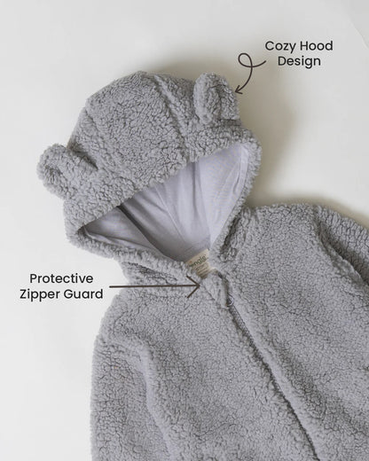 Twingle Faux Fur Winter Wear Hoodie & Jogger Set-100% Cotton Lining-Soft Adjustable Waistband-Long Sleeves-Solid-Grey-For Infants