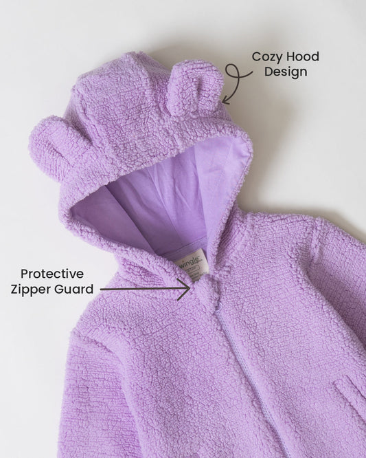 Twingle Faux Fur Winter Wear Hoodie & Jogger Set-100% Cotton Lining-Soft Adjustable Waistband-Long Sleeves-Solid-Lilac-For Infants
