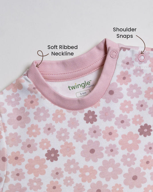 Twingle 100% Organic Cotton T-shirt & Leggings Set-No Itchy Tags-Shoulder Snaps for Easy Dressing-Soft Adjustable Waistband-Long Sleeves-Floral Print-Pastel Pink-For Infants
