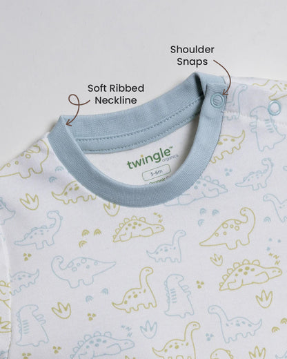 Twingle 100% Organic Cotton T-shirt & Shorts Set-No Itchy Tags-Shoulder Snaps for Easy Dressing-Soft Adjustable Waistband-Short Sleeves-Dino Print-White-For Infants
