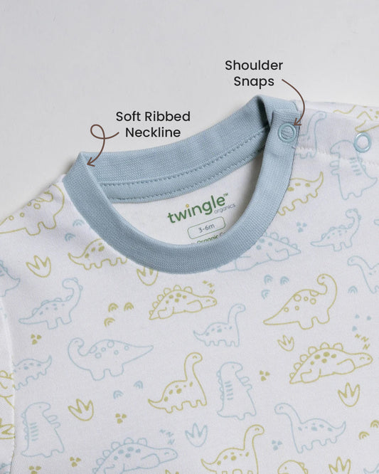 Twingle 100% Organic Cotton T-shirt-No Itchy Neck Tags-Shoulder Snaps for Easy Dressing-Long Sleeves-Dino Print-White-For Infants