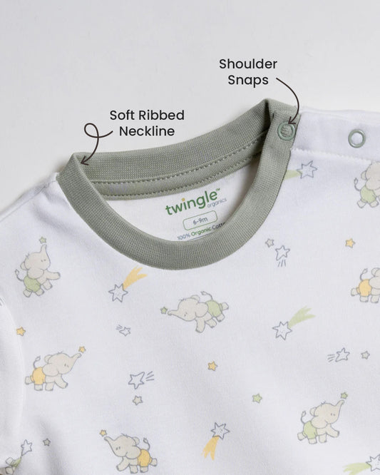 Twingle 100% Organic Cotton T-shirt & Shorts Set-No Itchy Tags-Shoulder Snaps for Easy Dressing-Soft Adjustable Waistband-Short Sleeves-Elephant Print-White-For Infants