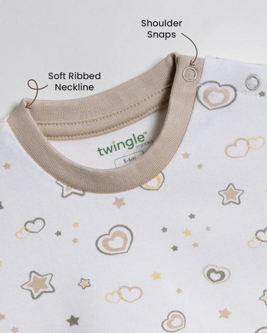 Twingle 100% Organic Cotton T-shirt & Shorts Set-No Itchy Tags-Shoulder Snaps for Easy Dressing-Soft Adjustable Waistband-Short Sleeves-Hearts & Stars Print-White-For Infants