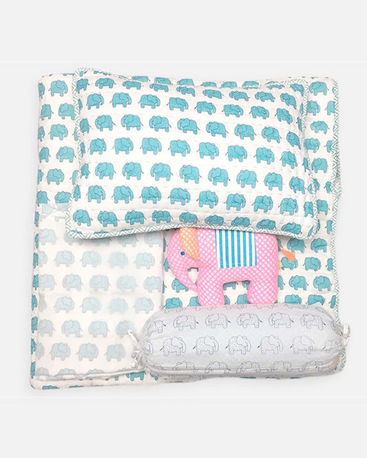 The Almirah Welcome Baby Bedding Set -Haathi March Blue-100% Cotton-Pack of 5-Mini Cot Set For Infants